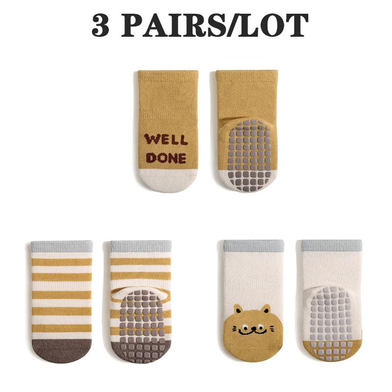 3 Pairs/Lot Cartoon Baby Floor Socks Indoor Full Sole Rubber Non-Slip Kids Socks Set Boneless Middle Tube Socks For Boys  Girls