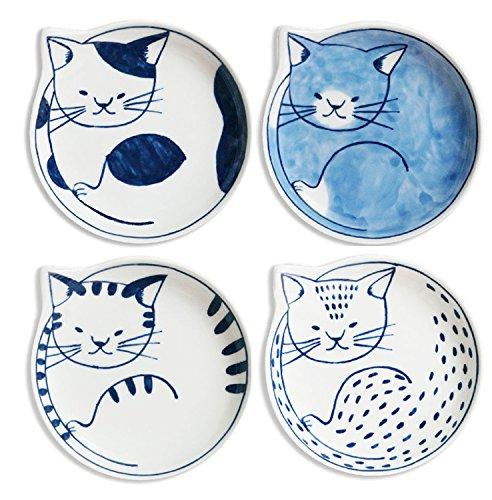 Ishimaru Togei Hasami Ware Coneco Cat-Patterned Plates, Small Plates, Side Plates, 12cm Diameter, Set of 4, Gift, Cat-themed Merchandise, Microwave an