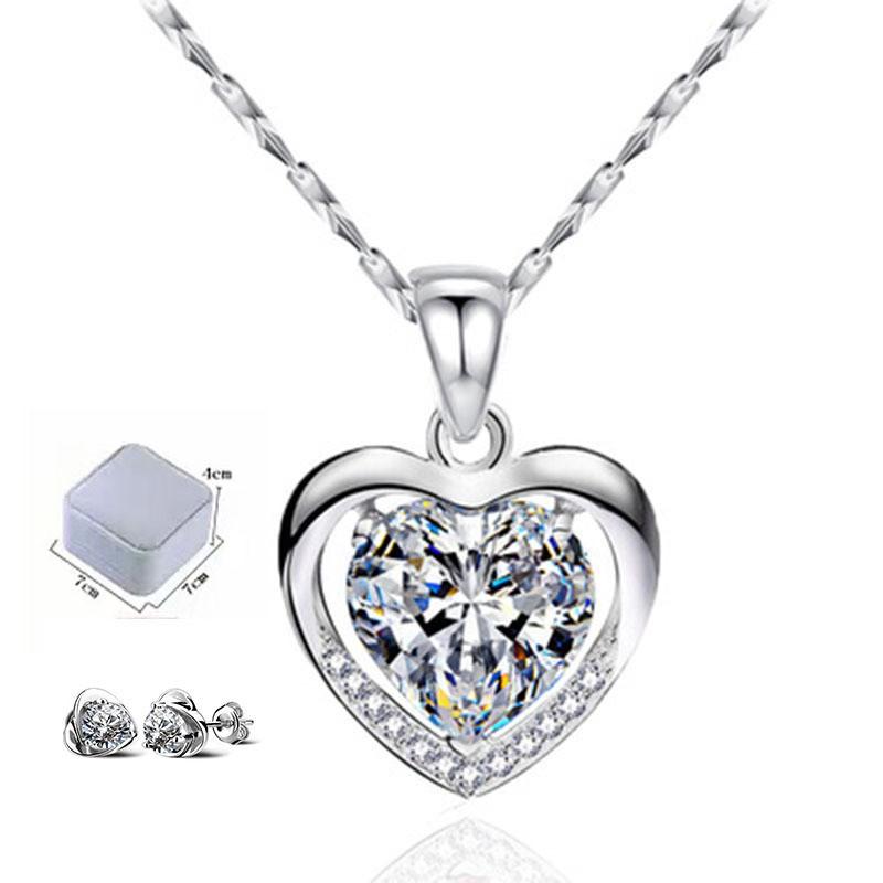 Elegant Heart Pendant Necklace Women Minimalist Copper Chain With Rhinestone Accents Lightweight Style Jewelry DZ0130 White Crystal Set