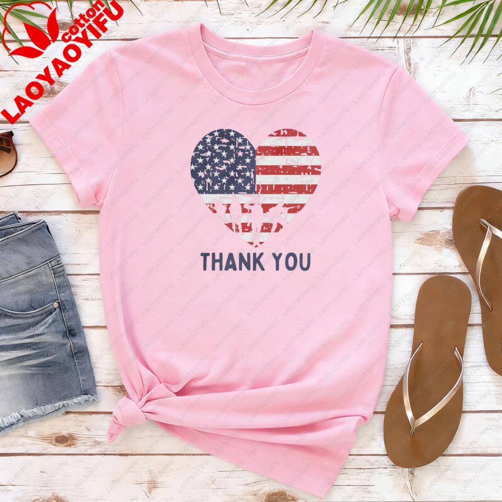 Memorial Day Shirt Thank You Shir Patriotic American Flag Tops Women Shortsleeved Clothes Army Tees Heart Memorial Day Tops