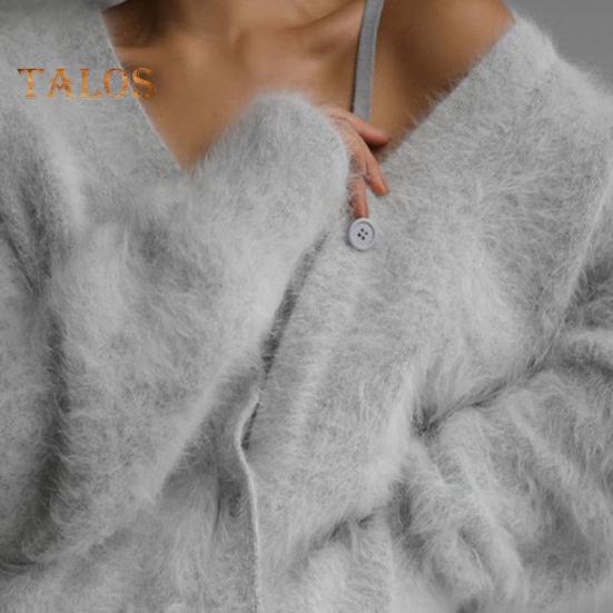 Women Sweater Coat V-Neck Long Sleeve Solid Color Single Breasted Knitting Sweater Loose Fit Warm Knitting Cardigan