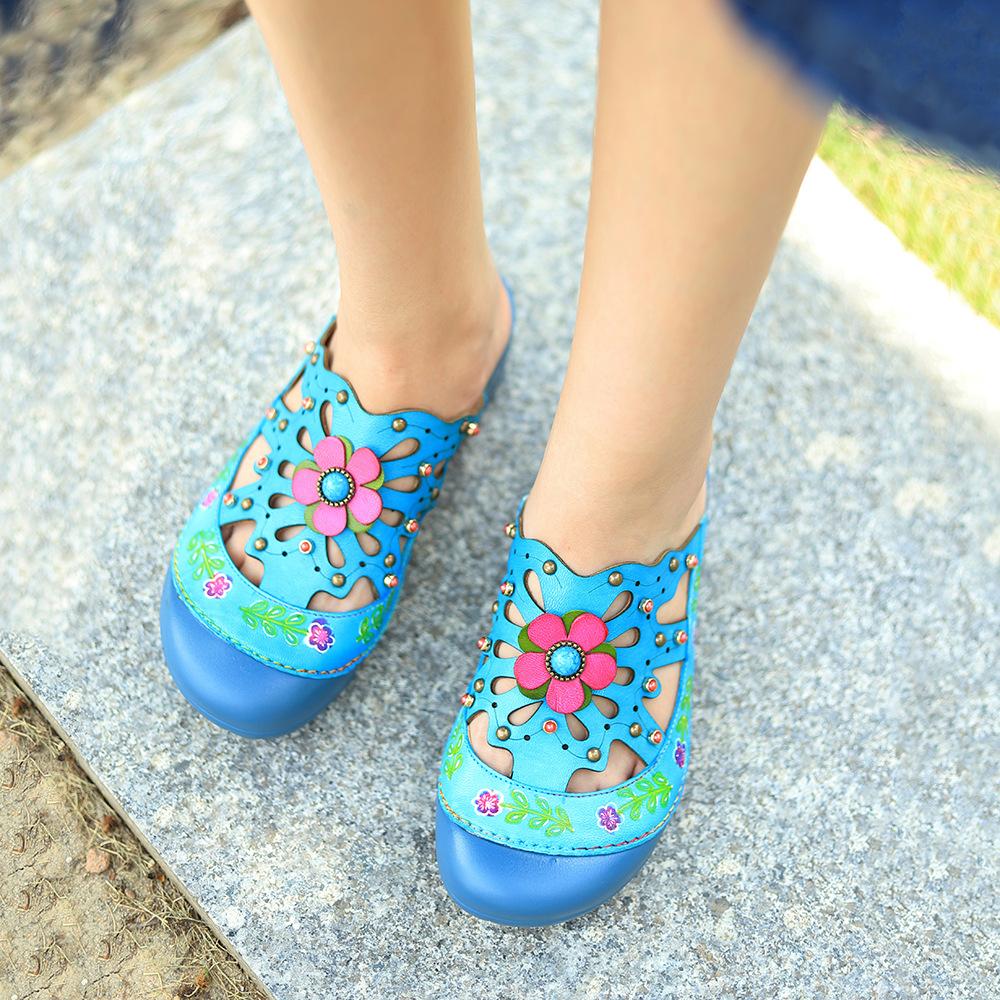 Sandale cu pane cu flori de epocă roșii din piele naturală, realizate manual, cu talpă moale, pantofi confortabili pentru femei