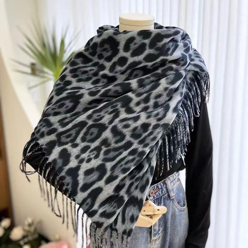 Ink Style Jacquard Leopard Print Shawl Warm Shawl Autumn and Winter Double Sided Versatile Women's Scarf Short Tassel Long Style