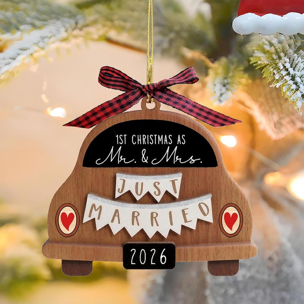 Wedding Gifts for Couples 2026 Newly Married Hanging Car Ornament Gift with Buffalo Plaid Bow Tie Just Married 3.9" Rustic Bridal Shower Decor for