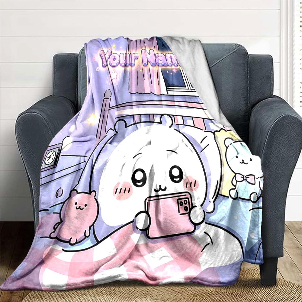 1pc Chiikawa Blanket with Custom Name, Gift, for Men and Women, Soft Blanket, Good for Sofa Bed Couch Travel, Lightweight Flannel Blanket