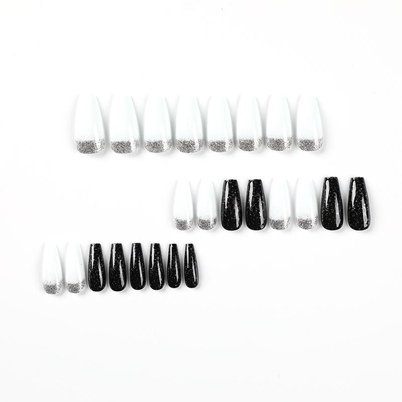 24Pcs/Set Quick Nails Long Black And White Glitter Powder Adesivo False Nials Wearable Waterproof Manicure Acabamento Unhas