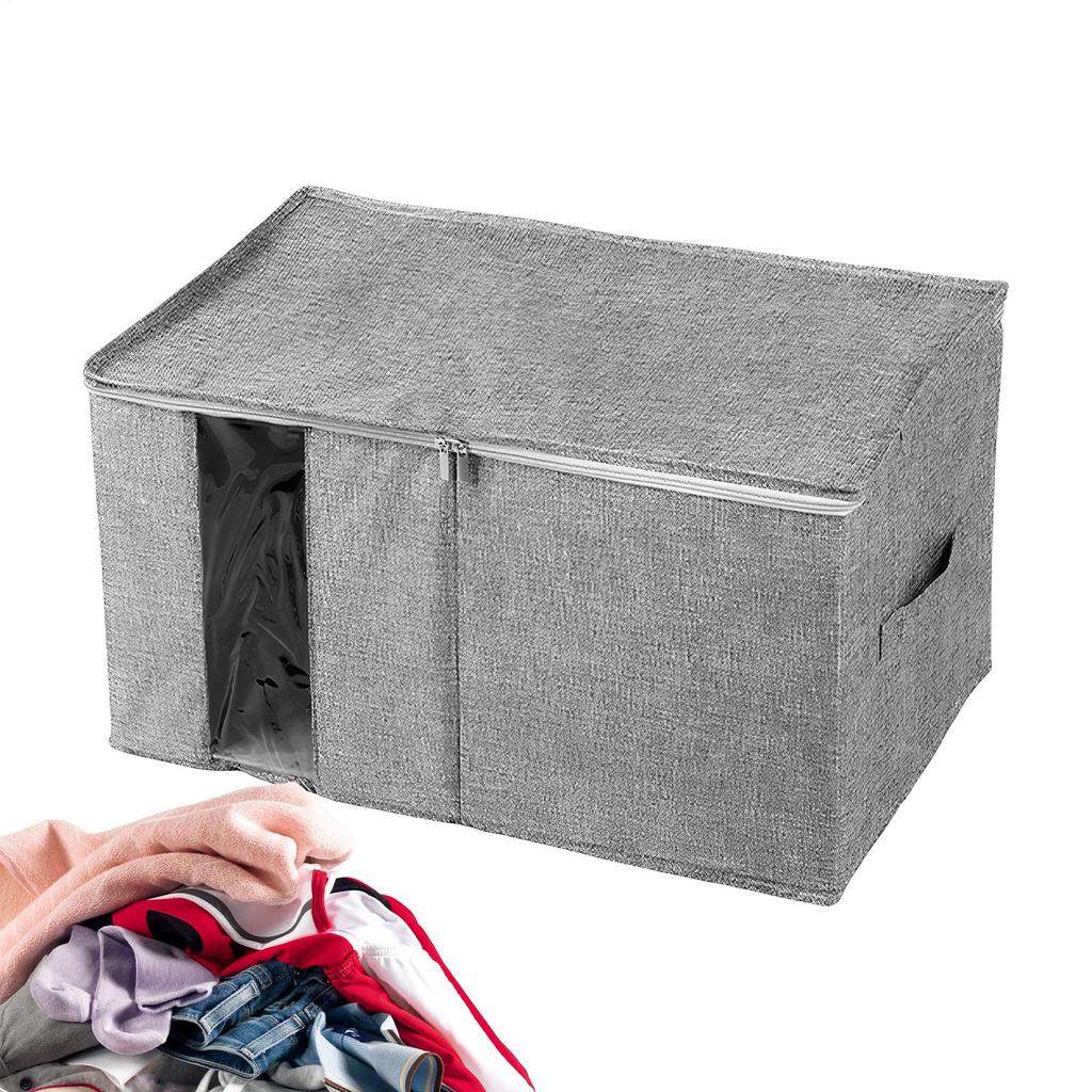 Large Capacity Clothing Storage Box Foldable Clear Window Fabric Box Clothes Storage Organizer With Lid And Zipper For Blanket