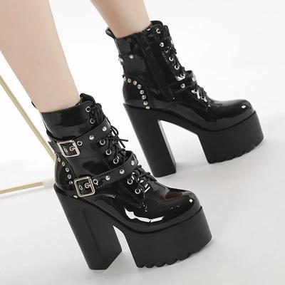 Mode 14CM Dames Chunky Enkellaarsjes Leer cosplay Ronde Neus Platform Ridderlaarzen Schoenen Hoge Hakken Zwart Wit Dikke Hak Veters