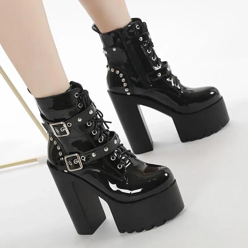 Fashion 14CM Women Chunky Ankle Boots Leather cosplay Round Toe Platform Knight Boots Shoes High Heels Black White Thick Heel Lace Up