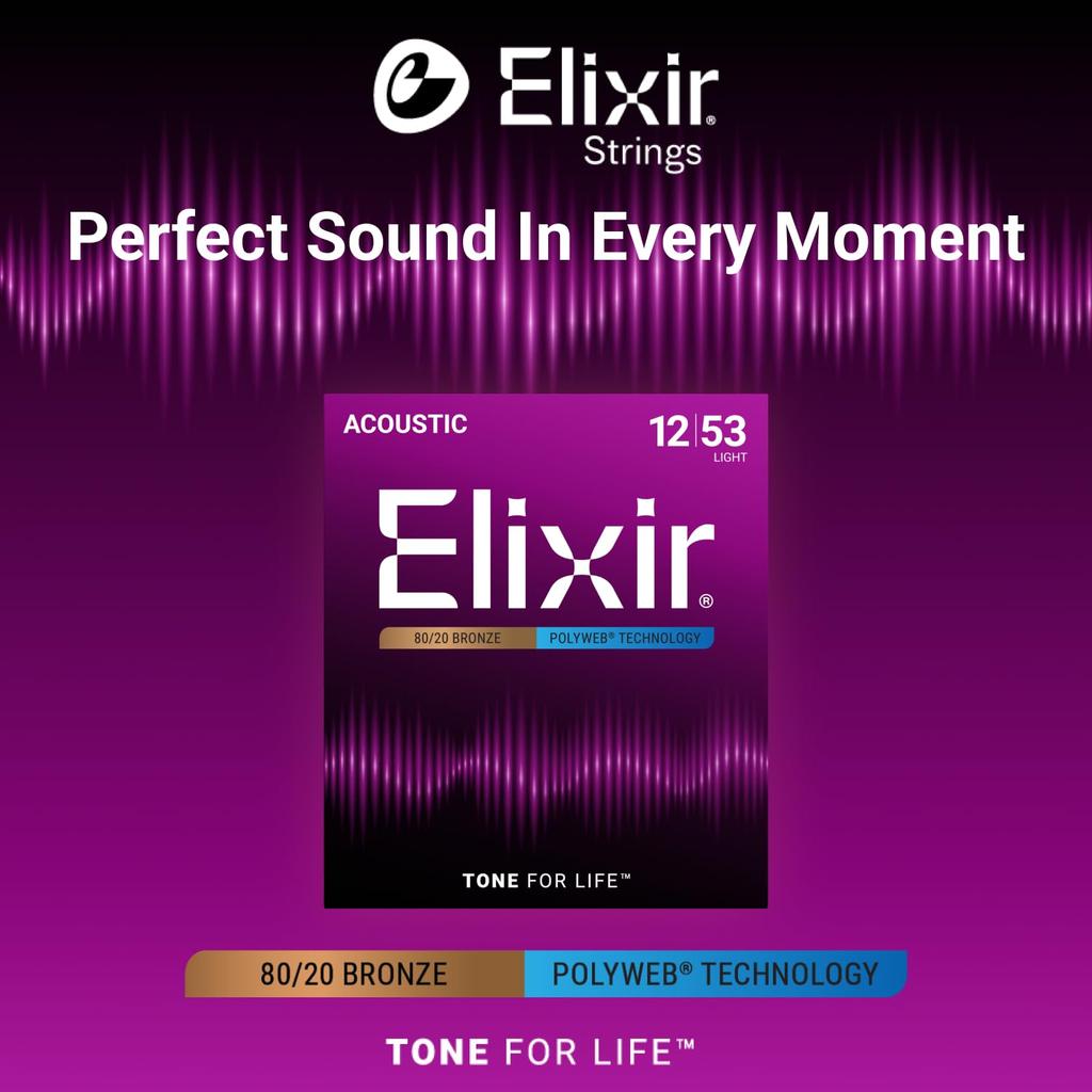 Elixir Elixir Acoustic Guitar POLYWEB Bronze Strings, 80/20 Light, .012-.053, #11050