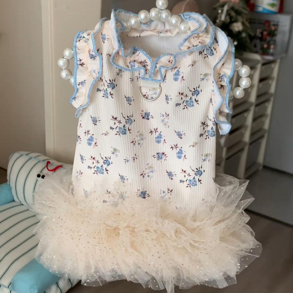 Sun Protection Lace Off-Shoulder Dress Thin Dog Princes Dress Flower Print Princess Skirt Anti-Static Puffy Skirt Small D...