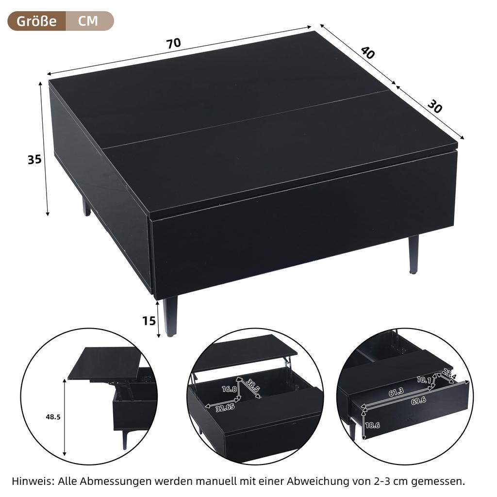 Couchtisch Platte, Moderner Kaffeetisch ausziehbarer LED, Sofatisch Schubladen & Versteckter Stauraum, Beistelltisch Wohnzimmer, Büro, Schwarz