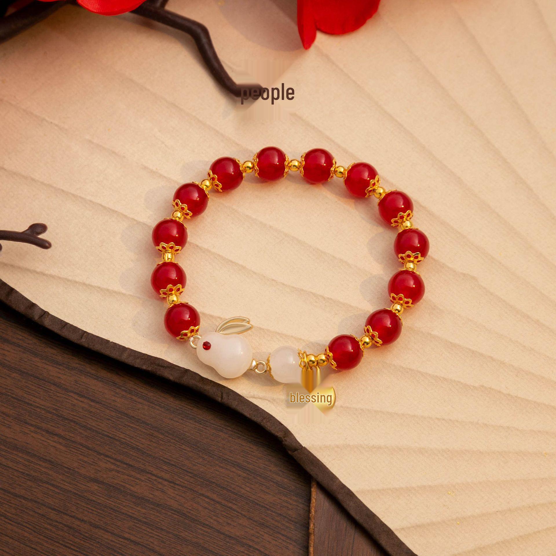 Charming Jade Rabbit Beaded Fu Bracelet - Retro Cute Rabbit Pendant Women s Jewelry красный
