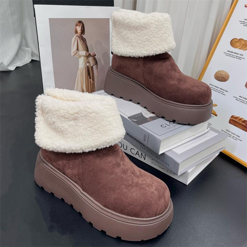 

Trendy retro versatile small snow boots women s thick-soled velvet thermal casual cotton boots new in winter and winter 40 темно-коричневого