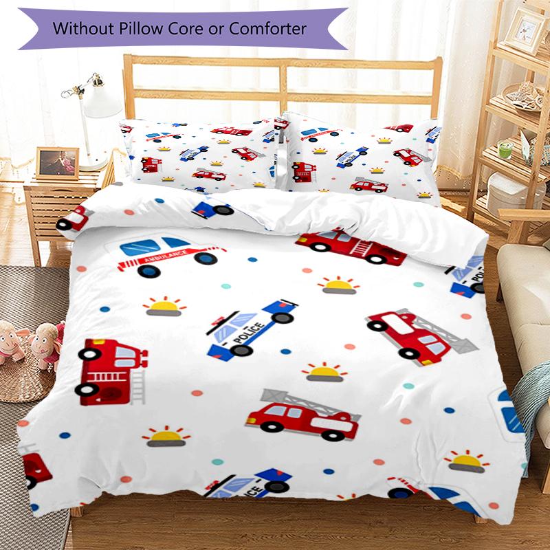 3pcs fire trucks police cars Bedding Set Duvet Cover Closure Includes 1 Duvet Cover & 2 Pillowcases, Soft and Comfortable for All Seasons.