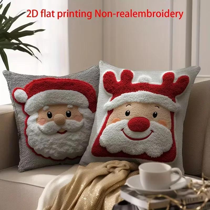 Funda De Cojín Navideña Con Estampado 2D De Pap Noel Y Patrn De Reno, Funda De Almohada De Felpa Suave Para Decoracin