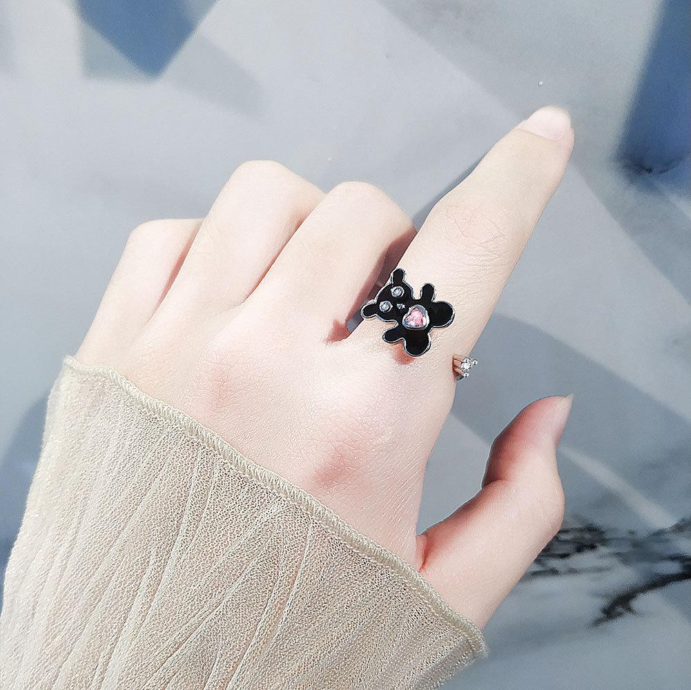 Charming Pink Diamond Bear Rotating Open Ring For Women Micro Paved Trendy Finger Band Jewelry