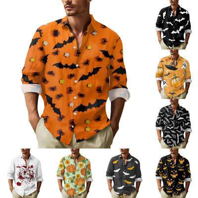 Herren Langarmhemden mit Halloween-Print und Knopfleiste, lässige Mode für Herren