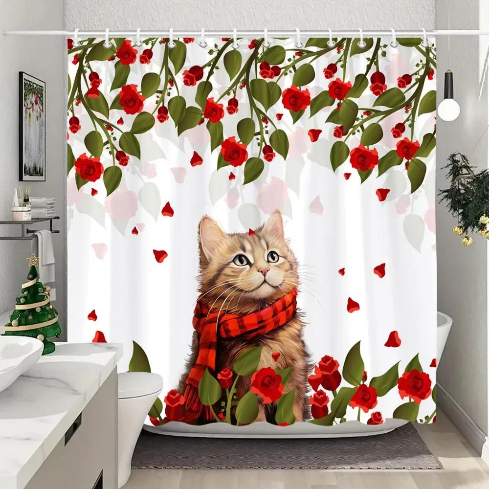 Valentine's Day Love Shower Curtain Black and White Buffalo Check LOVE Valentine's Day Gift Washable Bath Curtain Bathroom Decor