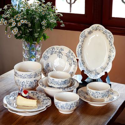 French Medieval Azure Dream Blue Flower Ceramic Dessert Plate Cake Plate Retro Afternoon Tea Pastry Plate Western Plate
