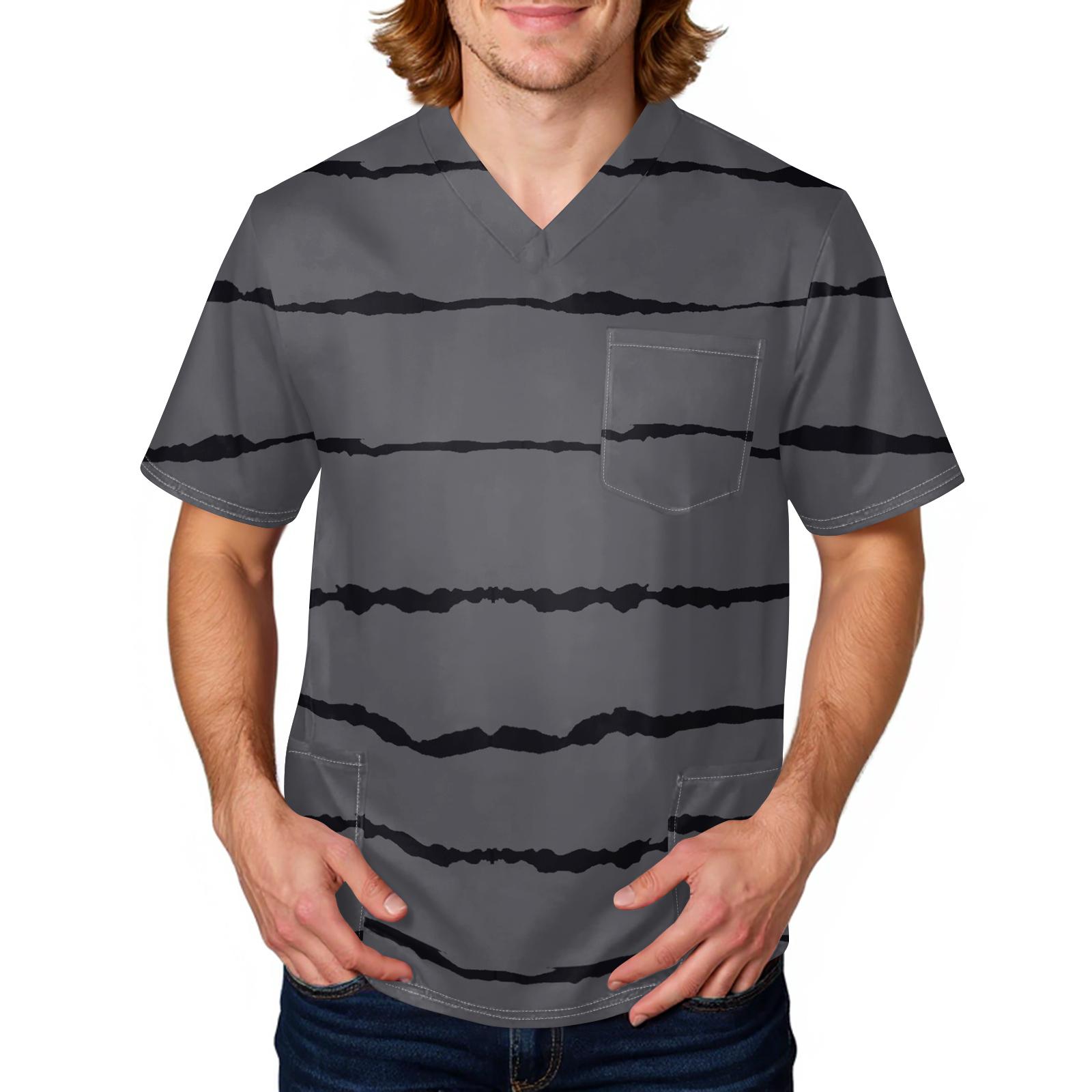 Men s casual personalized striped printed shirt - Men s V-neck long-pockets protective work uniform short-sleeved shirt XXXXXL
