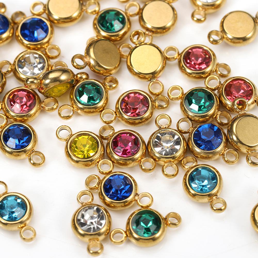 10pcs 6mm Stainless Steel Crystal Rhinestone Beads Gold Color Birthstones Charms Pendants for Bracelet Jewelry Making Crafts DIY