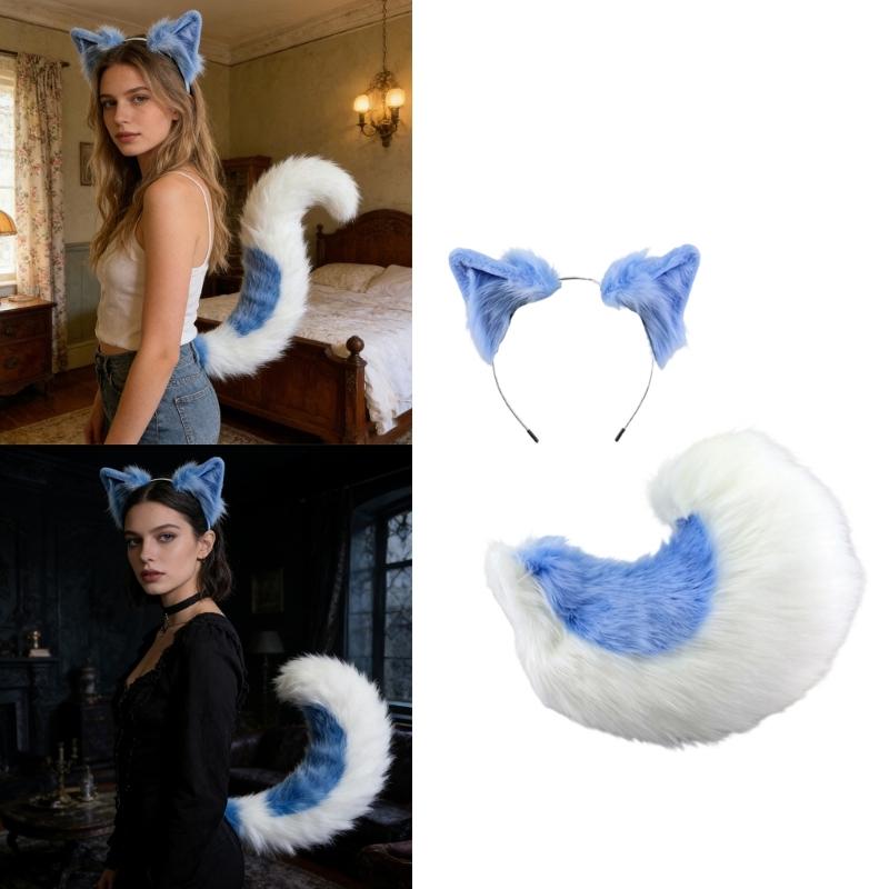 Realistic Foxes Tail And Ears Set For Women Cosplay Faux Furs Costume Headband and Tail Convention Role Play Accessories