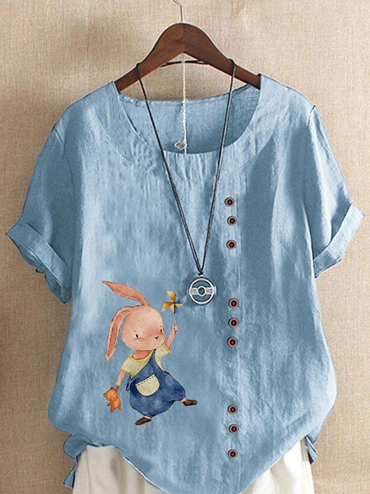 Women's Fashion Fashionable Rabbit Print Shot Sleeve T-shirt Loose Cotton Shirt Casual Loose Summer Blouse Tops Plus Size