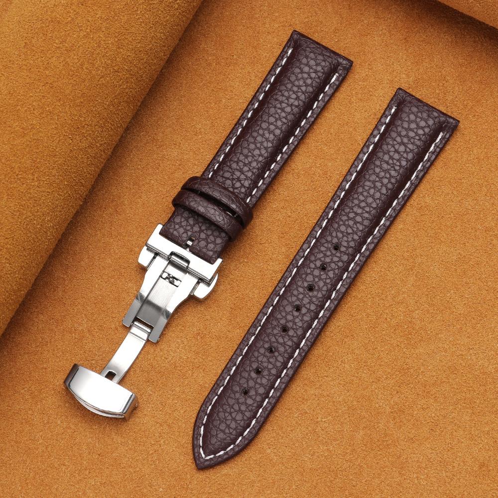 12/14/16/18/19/20/22mm Kalvskinnsklockarmband Litchimönstrad Rem Äkta Läder Armbandsurrem Fjärilsspänne Klocktillbehör