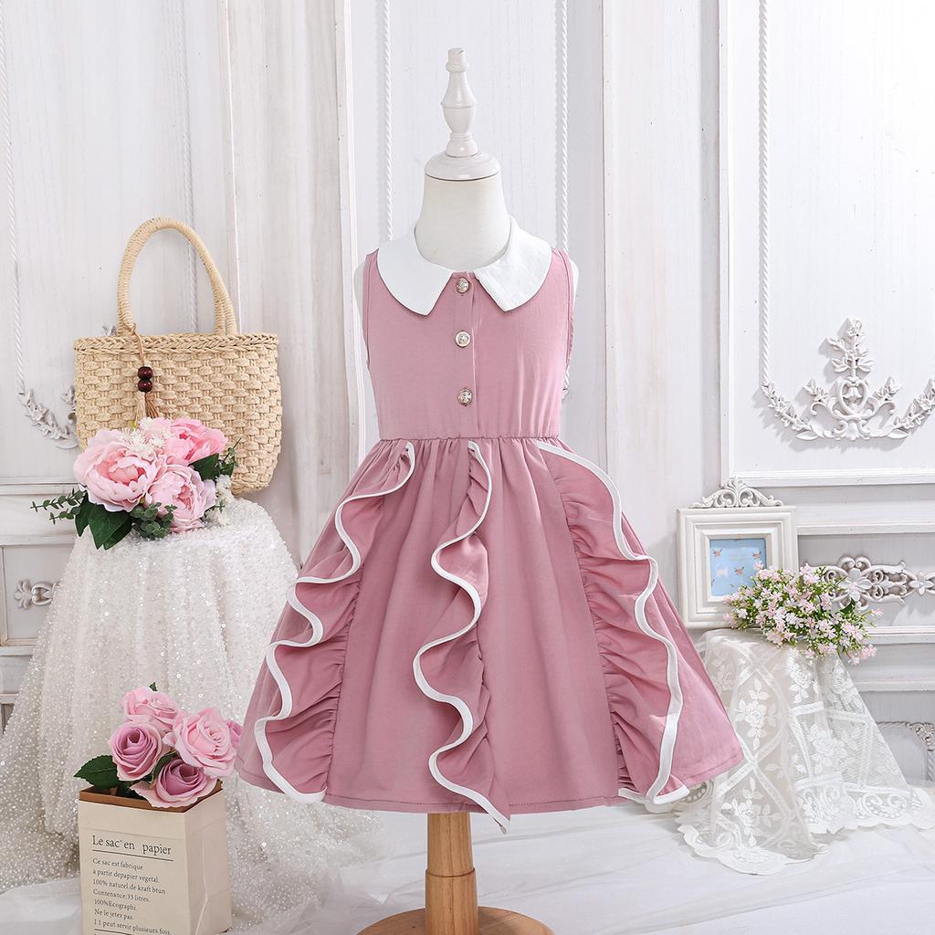 Girls Sleeveless Peter Pan Collar Dress with Ruffle Trim, Button Detail Casual Outfit