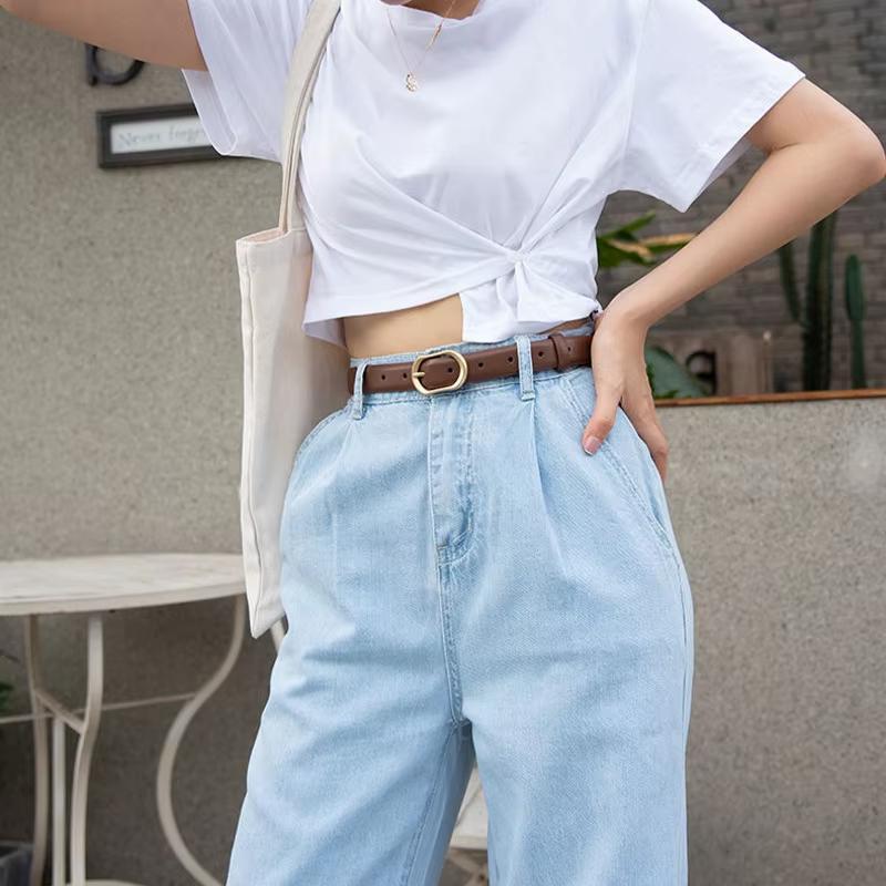 Women Metal Oval Pin Buckle Belt Fashion PU Leather Long Thin Adjustable Waistband Chic Jeans Pants Decorative Girdle Strap