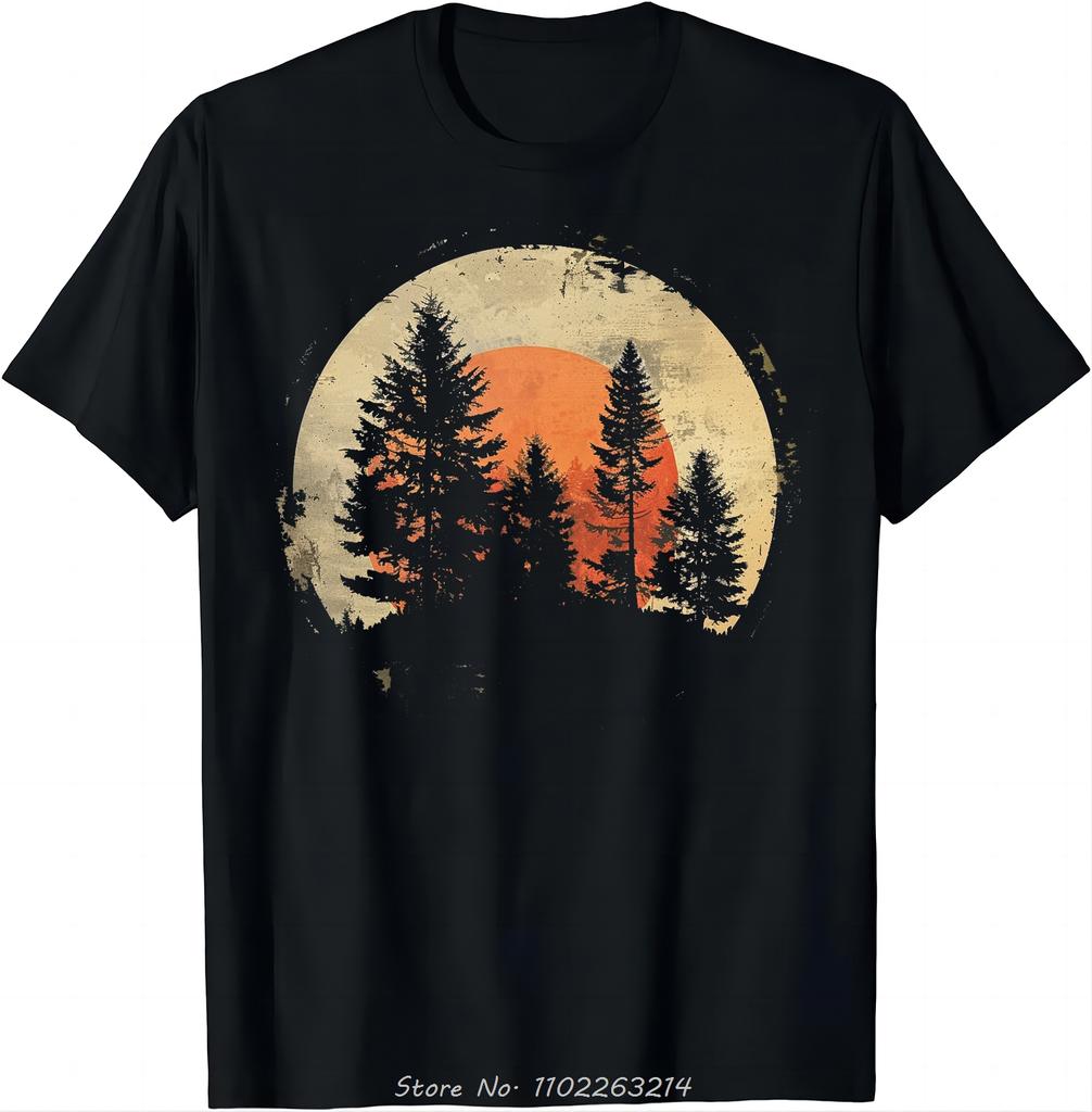 Übergroßes T-Shirt für Naturliebhaber - Wald Herrenbekleidung Sonnenuntergang Baumwoll-T-Shirt Camisas Hip Hop Streetwear Vintage Fitness T-Shirt