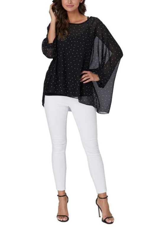 Sara Rose Chiffon Loose Summer Blouse with Sleeves Black Polka Women's Tunic, See-Through 3/4 (Free, Dots)