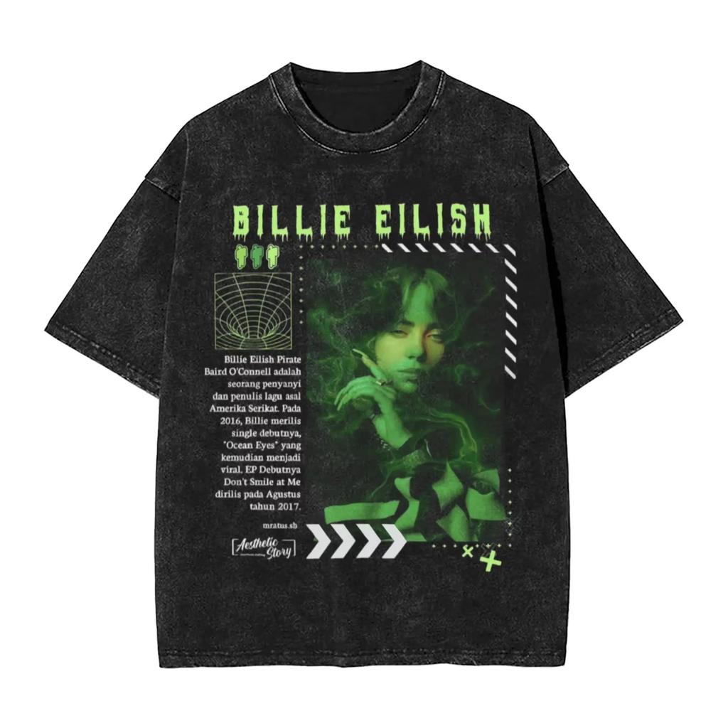 2026 Billie Eilish Divertido Póster Estampado Gráfico Camiseta Hombres Mujeres Moda Vintage Algodón Lavado Cuello Redondo Camiseta de Verano Top Casual Oversize Mangas Cortas