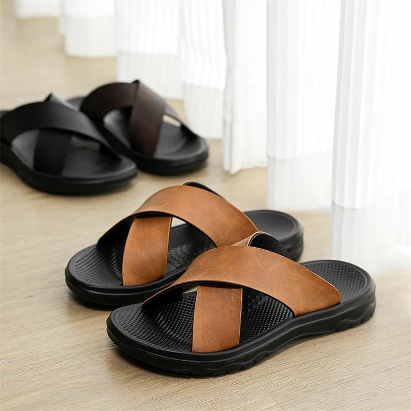 Summer Sandals Men Leather Classic Roman Open-toed Slipper Outdoor Beach Rubber Summer Shoes Flip Flop Water Sandals