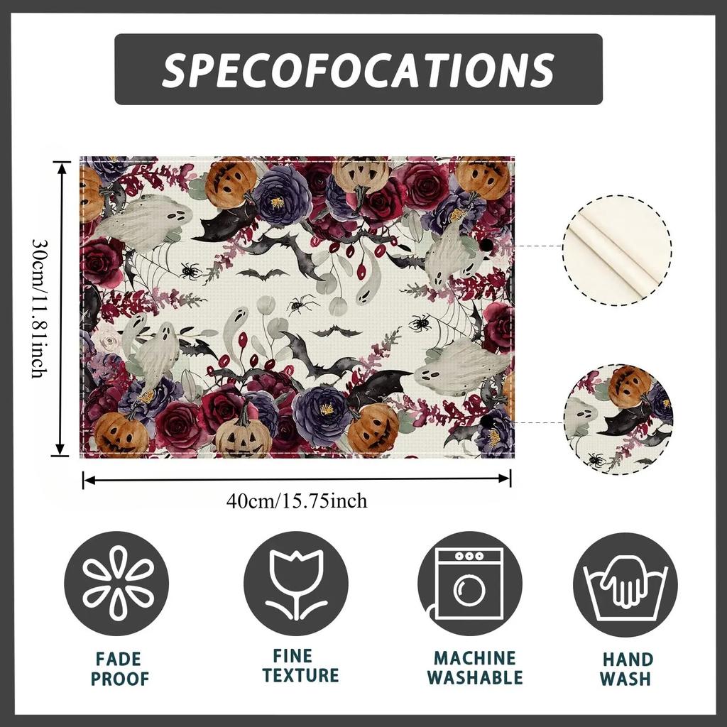 Spooky Pumpkin Floral Halloween Placemat, Heat-Proof & Anti-Scald, Festive Dining Atmosphere Placemat