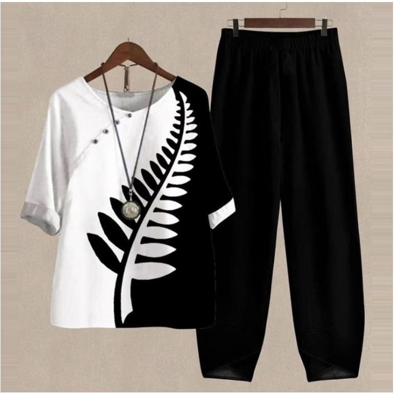 Damski Zestaw Casualowy Loungewear Bluzka z Krótkim Rękawem i Spodnie z Szerokimi Nogawkami Kwiatowy Nadruk Wygodna Piżama