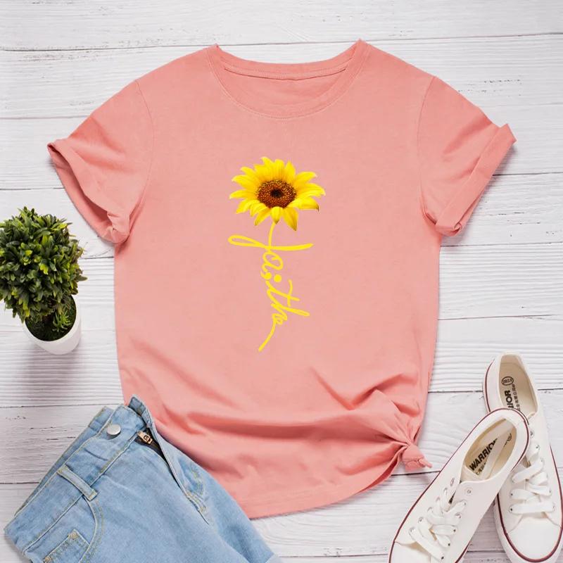 Sunflower Faith Letter Print Women T Shirt Short Sleeve O Neck Loose Women Tshirt Ladies Tee Shirt Tops Clothes Camisetas Mujer