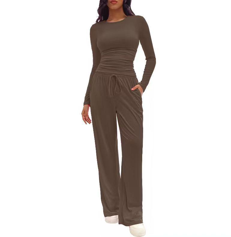 

2025 European & American Solid Color Casual Long Sleeve Top with High Waist Wide Leg Pants Extra Large темно-коричневого