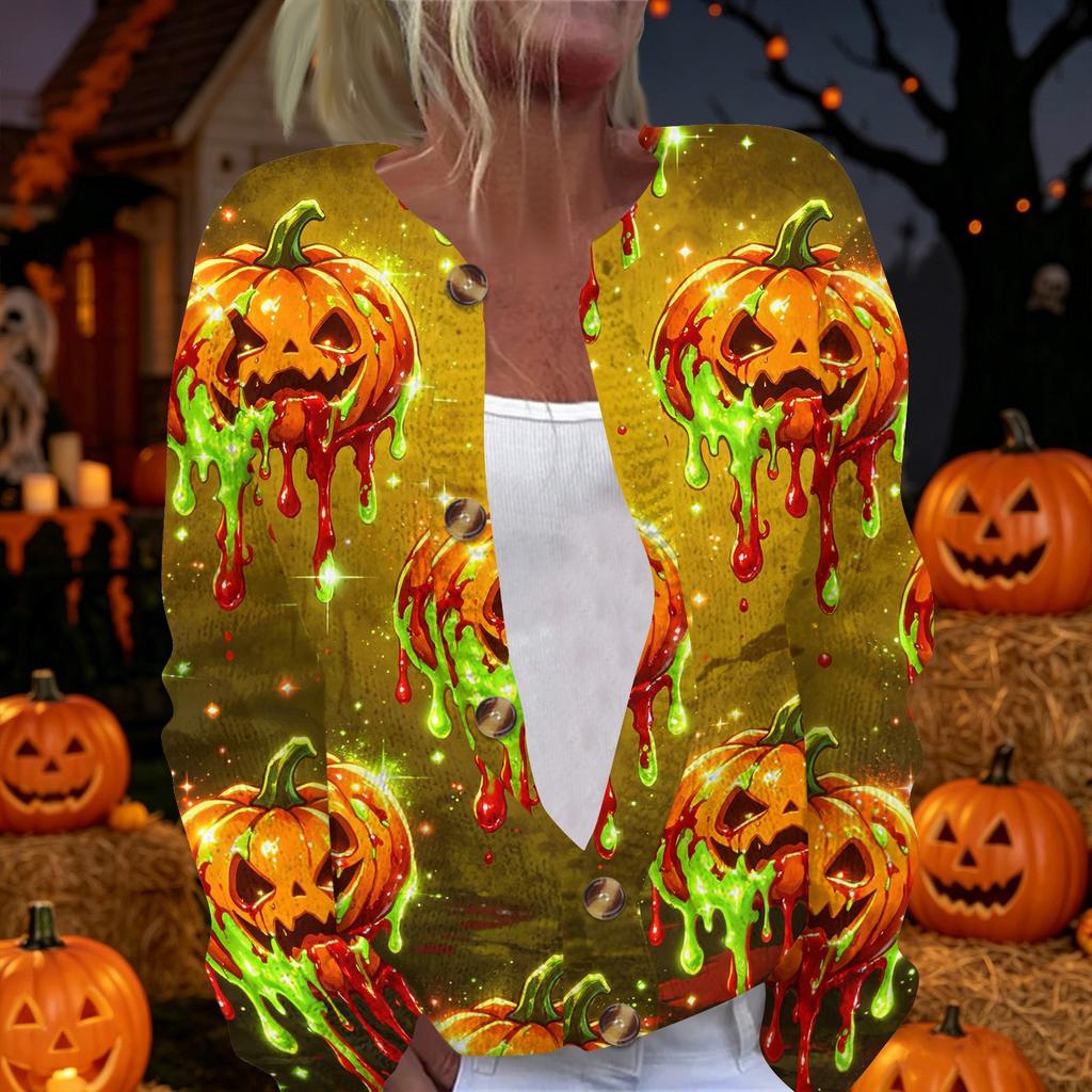 Women's Halloween Print Long Sleeve Knit Cardigan Button Front Sweater Coat Lightweight Casual Outerwear for Fall and Winter