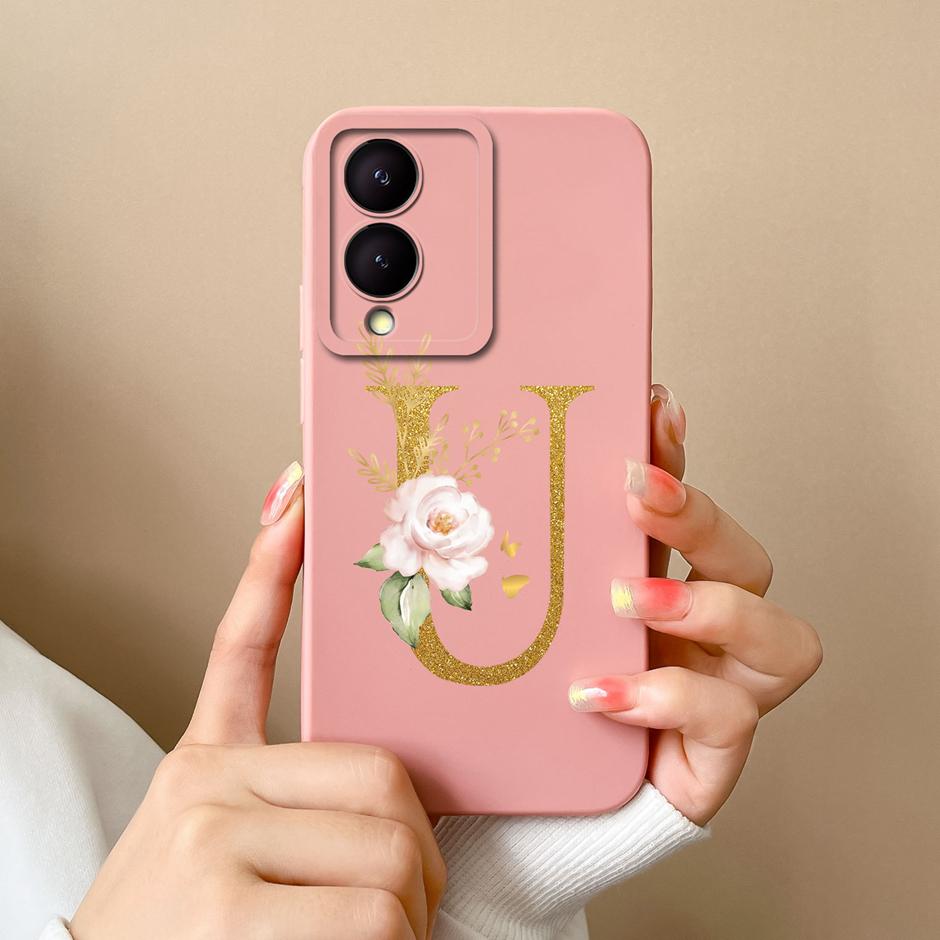 Case For VIVO Y17S 4G A To Z Cute Flower Letter Pattern Smooth Liquid Silicone Shell For VIVOY17S Y17s 4G Fashion Couple Fundas