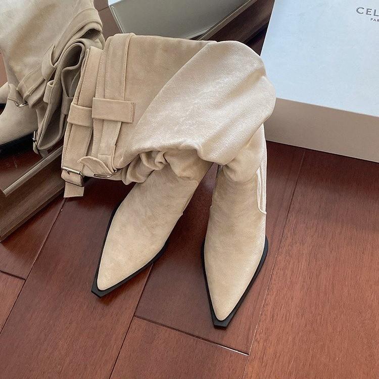 Small thin heel boots women's 2025 autumn new suede stacking boots pointed temperament high heel boots