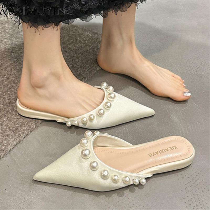 Bead Flats Slippers Women Pointed Toe Sandals Mules Shoes Woman Summer 2025 Designer Trend Dress Casual Shoes Elegant Slides