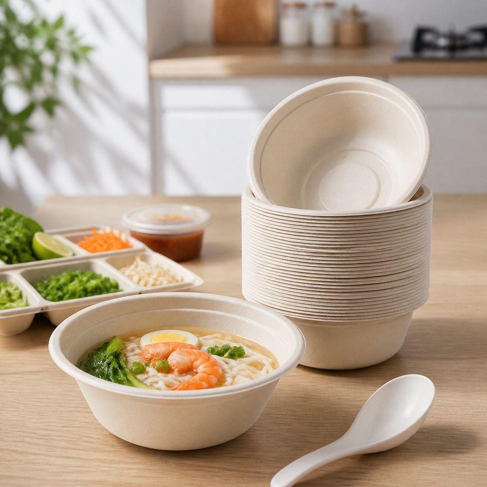 50Pcs Disposable Biodegradable Bowls Disposable Tableware  for Noodles Soup Rice and Takeaway Meals
