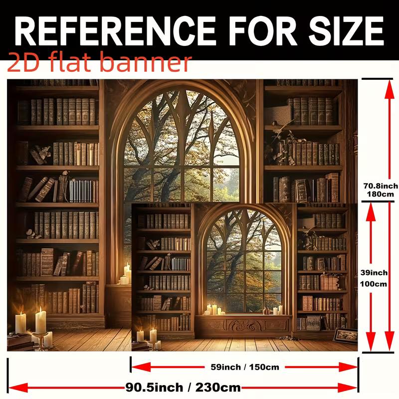 2D Gothic Library Window Backdrop, Vintage Bookshelf and Candle Background for Birthday & Events