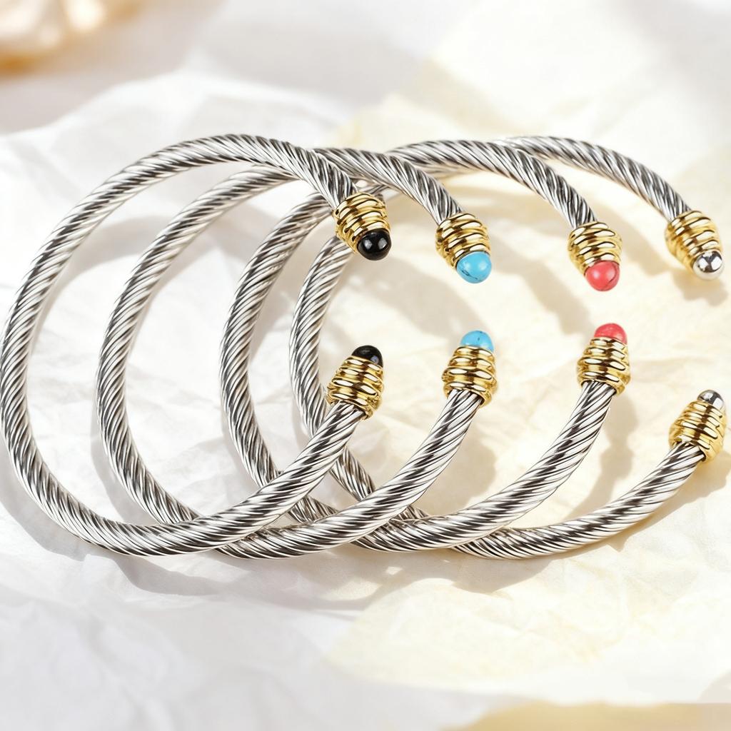 2026 Steel Wire Bracelet Bracelet Women's Black and White Bead Crystal Turquoise Twist Steel Wire Pearl Bracelet