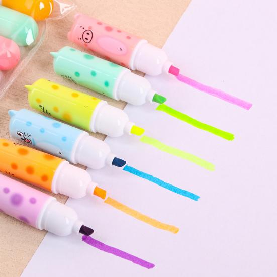 6Pcs Chisel Tip Highlighter Marker, Cute Marker Pen, Cartoon Macaron Highlighter No-Bleed Ink Markers for Journaling, Planners, and Office Documents