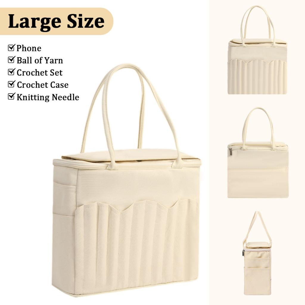 Personalized Canvas Knitting Bag with Leather Name Patch Multiple Pockets Yarn Organizer with Yarn Feed Holes Large Crochet Project Tote for Mom
