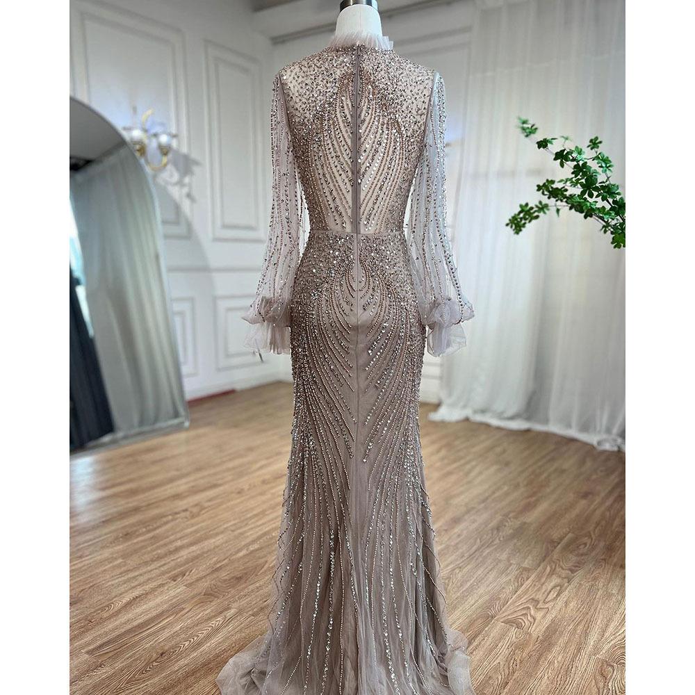 Burnt purple high-end light luxury fish long-sleeved meat-covered fishtail celebrity banquet support temperament dress LA11190