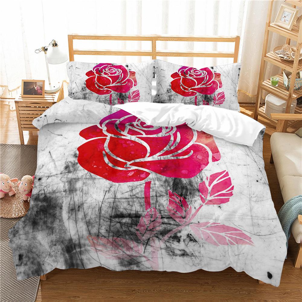 

Домашнее постельное белье ко Дню святого Валентина, односпальная кровать, двуспальная кровать, полноразмерная наволочка с принтом розы и пододеяльник, 2/3 комплекта постельного белья для пары EU Single 135x200cm